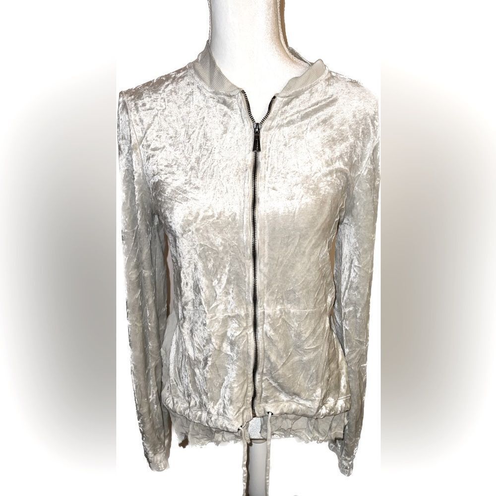 XCVI CRUSHED velvet zip up sweater with lace/tulle border. So cute!